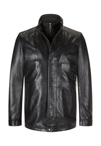 Schwarze Lederjacke mit hohem Kragen, Reißverschluss und glatter Textur. Verfügt über zwei seitliche Taschen und ein gerades Schnittdesign.