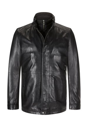 Schwarze Lederjacke mit hohem Kragen, Reißverschluss und glatter Textur. Verfügt über zwei seitliche Taschen und ein gerades Schnittdesign.