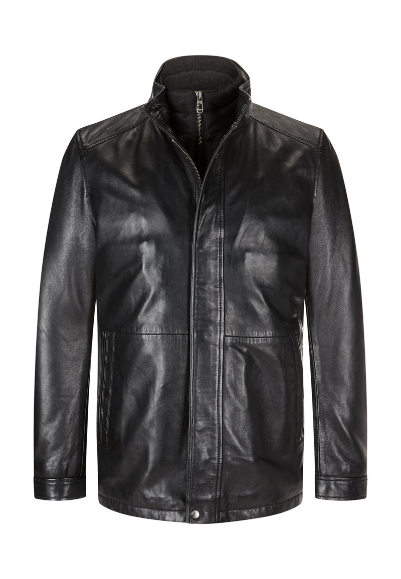 Schwarze Lederjacke mit hohem Kragen, Reißverschluss und glatter Textur. Verfügt über zwei seitliche Taschen und ein gerades Schnittdesign.