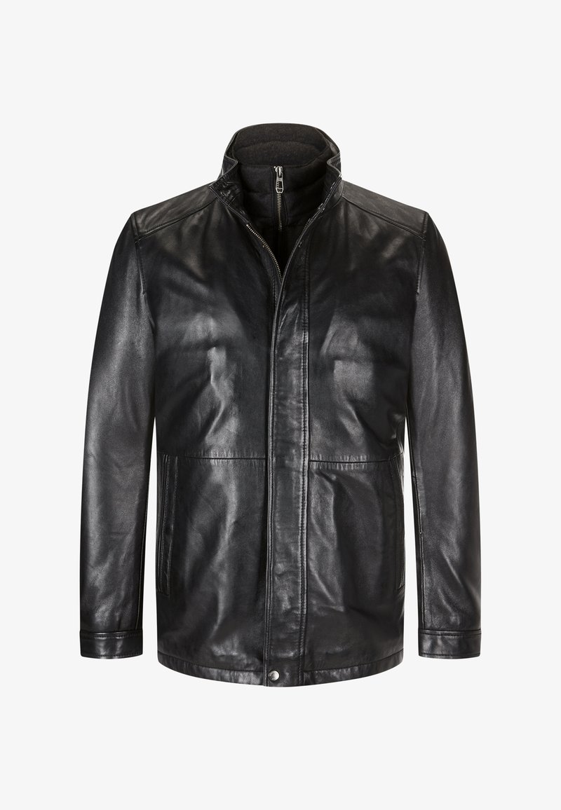 Schwarze Lederjacke mit hohem Kragen, Reißverschluss und glatter Textur. Verfügt über zwei seitliche Taschen und ein gerades Schnittdesign.