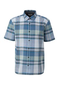 Korte mouwen geruite shirt van lichtgewicht katoen, met blauw, groen en witte ruitpatronen, een button-down kraag en knopen aan de voorkant.