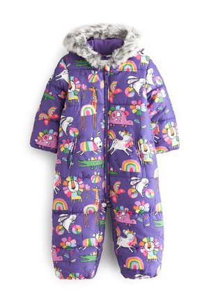 Tuta da neve viola per bambini con cappuccio in pelliccia, decorata con colorati animali dei cartoni animati, arcobaleni, fiori e soli sorridenti.
