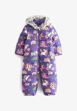 Combinaison de ski pour enfants de couleur violette avec capuche en fourrure, décorée d'animaux de dessin animé colorés, d'arcs-en-ciel, de fleurs et de soleils souriants.