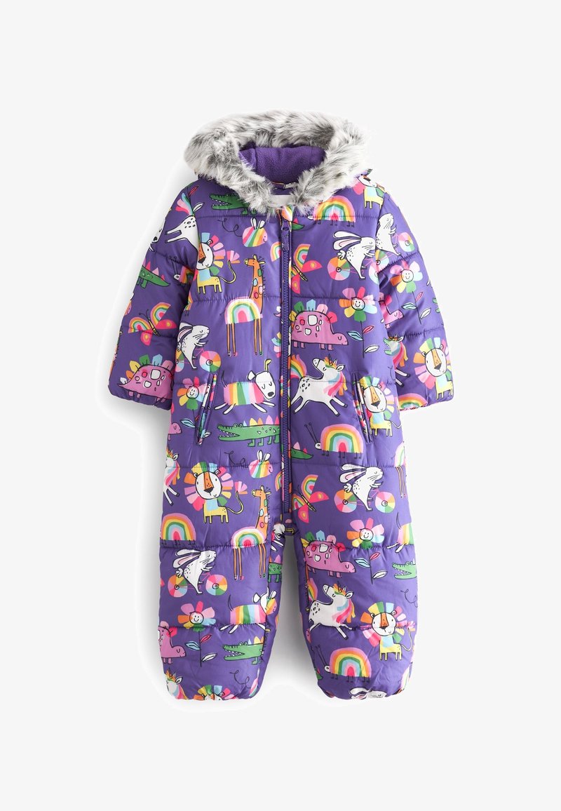 Combinaison de ski pour enfants de couleur violette avec capuche en fourrure, décorée d'animaux de dessin animé colorés, d'arcs-en-ciel, de fleurs et de soleils souriants.