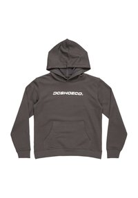 Donkergrijze hoodie met een trekkoord kap, voorzak en wit "DCSHOECO." logo op de borst, gemaakt van een zachte, duurzame stof.