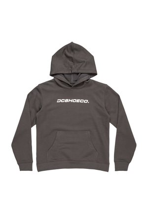 Donkergrijze hoodie met een trekkoord kap, voorzak en wit "DCSHOECO." logo op de borst, gemaakt van een zachte, duurzame stof.