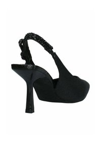 Scarpe con tacco alto nere a morsetto, con finitura in tessuto liscio, punta chiusa e cinturino decorato. Design elegante e tacco alto.