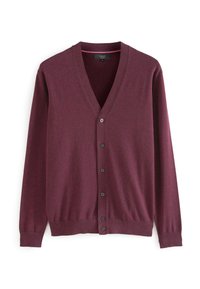 Cardigan bordeaux en tissu doux, avec un col en V, six boutons noirs, et des poignets et ourlets côtelés. Aucun motif ou logo visible.