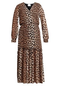 Langärmliges Kleid mit Leopardenmuster aus leichtem Stoff, mit Wickeldesign, taillierter Taille und volantsaum. Braun-schwarzes Farbschema.