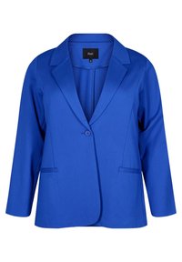 Blå blazer med slagkrage, enkel knäppning och två sidofickor. Tillverkad av ett slätt tyg med ofodrad insida.