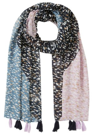 Langt rektangulært tørklæde med blå, sorte og pink sektioner, der har et spredt hvidt og brunt prikkemønster samt frynser i begge ender.
