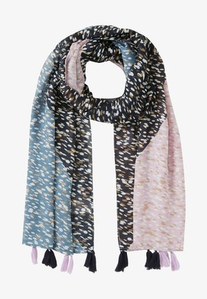 Écharpe longue rectangulaire avec des sections bleues, noires et roses, présentant un motif éparpillé de points blancs et bruns ainsi que des franges à chaque extrémité.