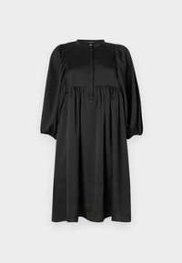 Vestido preto com mangas bufantes longas, decote redondo e uma aba de botões. Feito de um tecido suave; apresenta uma saia franzida.