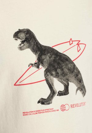 Katoenen T-shirt met een zwarte Tyrannosaurus rex-graphic, omrand met rood, met cirkelvormige grafische elementen en tekst in vet rood.