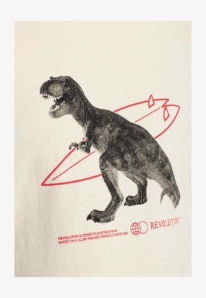 Katoenen T-shirt met een zwarte Tyrannosaurus rex-graphic, omrand met rood, met cirkelvormige grafische elementen en tekst in vet rood.