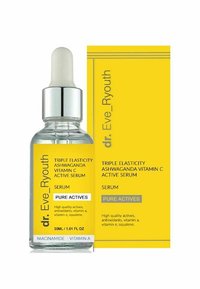 Przezroczysta szklana buteleczka z kroplomierzem i srebrną zakrętką, zawierająca przezroczysty serum. Jasnożółte opakowanie z czarnym tekstem i szczegółami produktu.