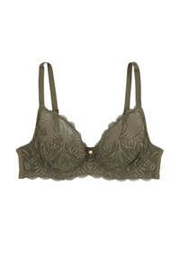 Soutien-gorge en dentelle vert olive avec des motifs floraux, soutien-gorge à armatures, bretelles réglables et un petit accent doré au centre. Texture douce.