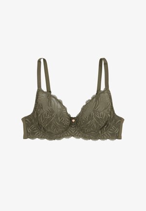 Soutien-gorge en dentelle vert olive avec des motifs floraux, soutien-gorge à armatures, bretelles réglables et un petit accent doré au centre. Texture douce.