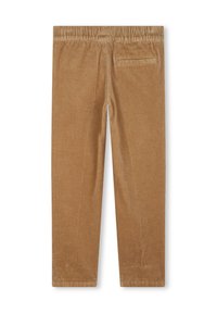 Corduroy broek in een warme beige kleur, met een getekende elastische tailleband, smalle pijpen en een enkele achterzak. Getextureerd ribbeloppervlak.
