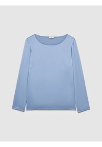 Light blue long-sleeve blouse with a round neckline, smooth texture, and minimal stitching details on the shoulders and sides.