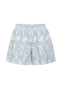 Shorts bleu clair avec broderie florale blanche, taille élastique et tissu texturé. Coupe ample avec un design à hauteur de genoux.