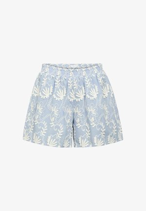 Pantaloni corti azzurri chiari con ricami floreali bianchi, vita elastica e tessuto strutturato. Vestibilità ampia con un design lunghezza ginocchio.