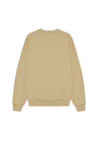 Sudadera beige con cuello redondo, puños y dobladillo acanalados, que presenta una textura suave y un diseño minimalista, vista desde la parte posterior.