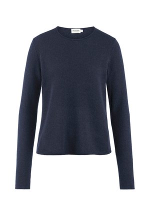 Maglione a maniche lunghe blu navy con scollatura rotonda, realizzato in un morbido tessuto testurizzato; vestibilità casual senza decorazioni o motivi visibili.