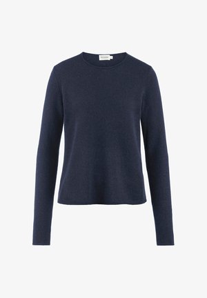 Maglione a maniche lunghe blu navy con scollatura rotonda, realizzato in un morbido tessuto testurizzato; vestibilità casual senza decorazioni o motivi visibili.