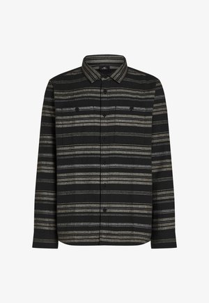 Svart långärmad skjorta med horisontella grå ränder, knäppning fram och två bröstfickor. Tillverkad av ett mjukt tyg med en texturerad yta.