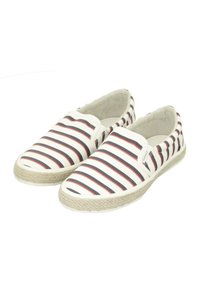 Striped canvas slip-on shoes in white, navy, and red. Jute-wrapped outsole, soft interior lining, and elastic side panels for easy wear.