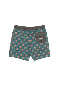 Costume da bagno grigi con un motivo a stelle turchesi e corallo. Presenta una tasca posteriore con pattina e dettaglio del marchio. Vita elastica.
