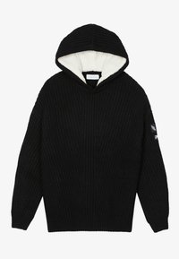 Svart stickad hoodie med ett vitt fleecefoder inuti. Har en ribbad struktur, långa ärmar och en logotypdetalj på vänster ärm.
