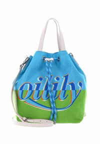 Sac à main à cordon bleu et vert avec poignées blanches, bandoulière ajustable et logo "oilily" multicolore sur le devant.
