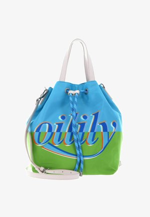 Sac à main à cordon bleu et vert avec poignées blanches, bandoulière ajustable et logo "oilily" multicolore sur le devant.