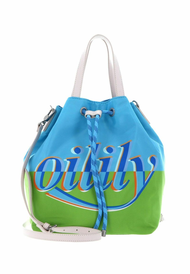 Sac à main à cordon bleu et vert avec poignées blanches, bandoulière ajustable et logo "oilily" multicolore sur le devant.