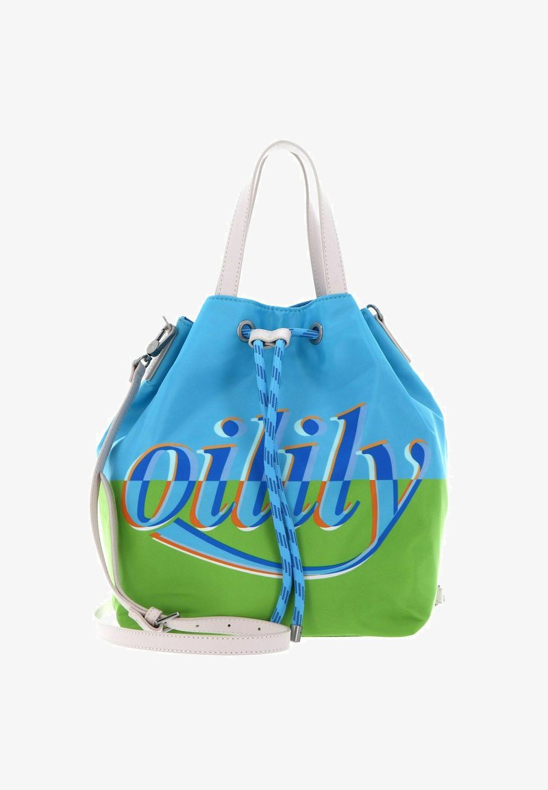 Sac à main à cordon bleu et vert avec poignées blanches, bandoulière ajustable et logo "oilily" multicolore sur le devant.