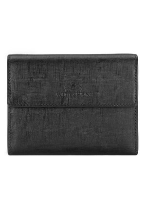 Black textured wallet made from leather. Features a fold-over flap and embossed logo on the front. Compact rectangular shape.