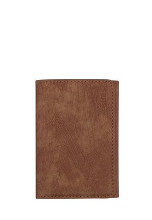 Portefeuille marron en matériau texturé, de forme rectangulaire, doté d'un éclat subtil, avec des coutures visibles sur les bords.