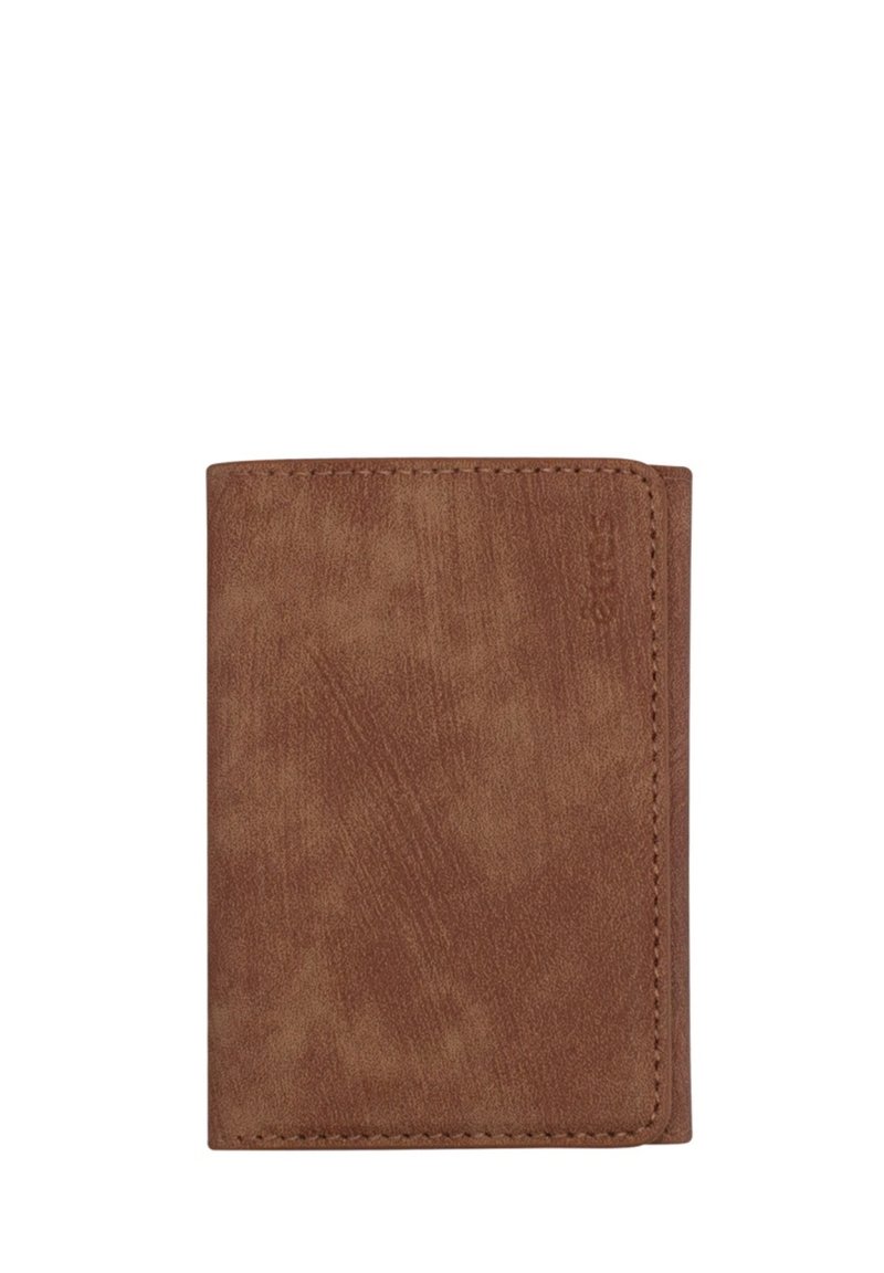 Portafoglio marrone realizzato in materiale texturizzato, forma rettangolare, presenta una leggera lucentezza, con cuciture visibili lungo i bordi.