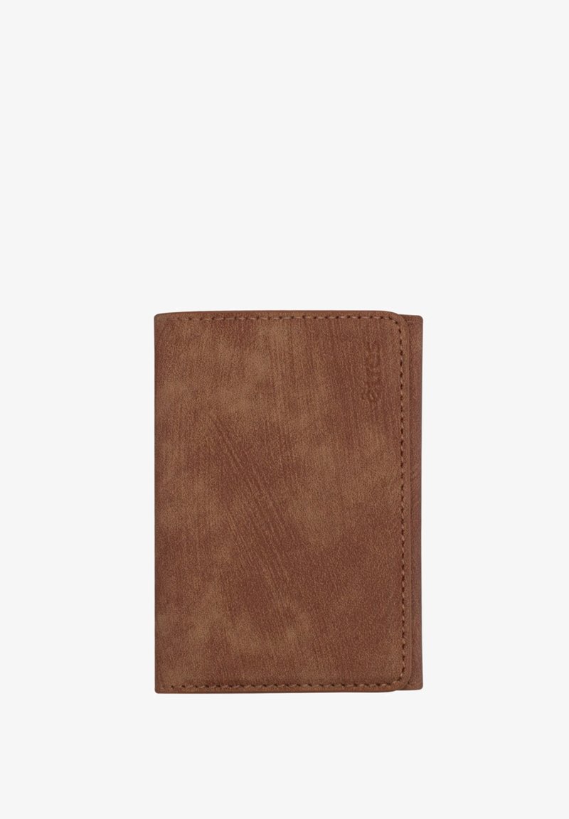 Portafoglio marrone realizzato in materiale texturizzato, forma rettangolare, presenta una leggera lucentezza, con cuciture visibili lungo i bordi.