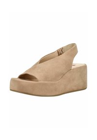 Beige ruskind platform sandal med åben tå, slingback-rem og høj kilehæl.