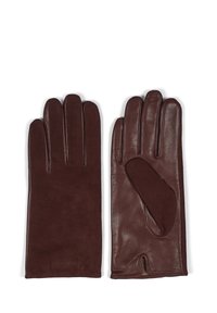Brune læderhandsker med en glat overflade, fem-finger design og et udskæringsdetalje på manchetten. Blød tekstur med diskret branding.