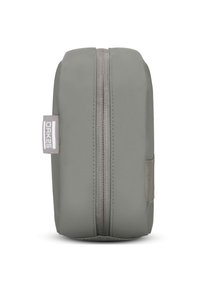 Bolsa de tela gris con cierre de cremallera, de forma plana y con un bolsillo de malla lateral. El material parece suave, con un diseño minimalista.