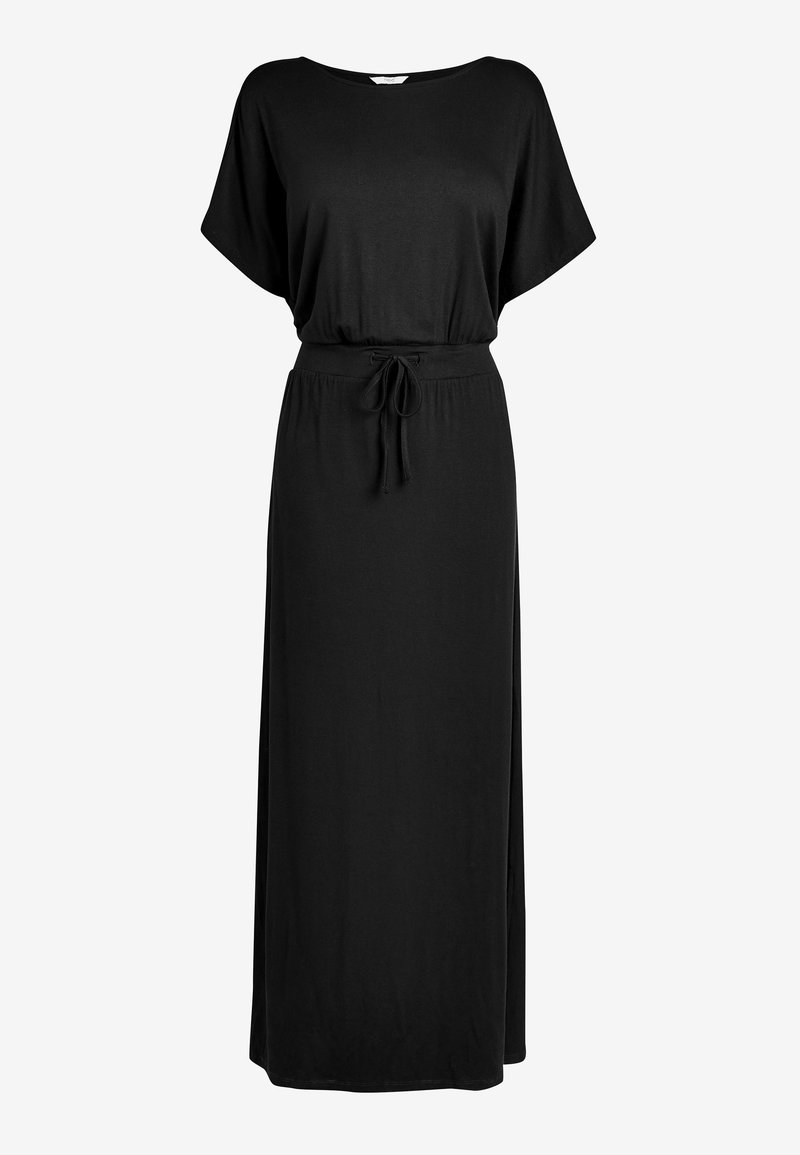 Robe maxi noire avec manches courtes chauve-souris, encolure bateau, taille élastique et lien coulissant ajustable.