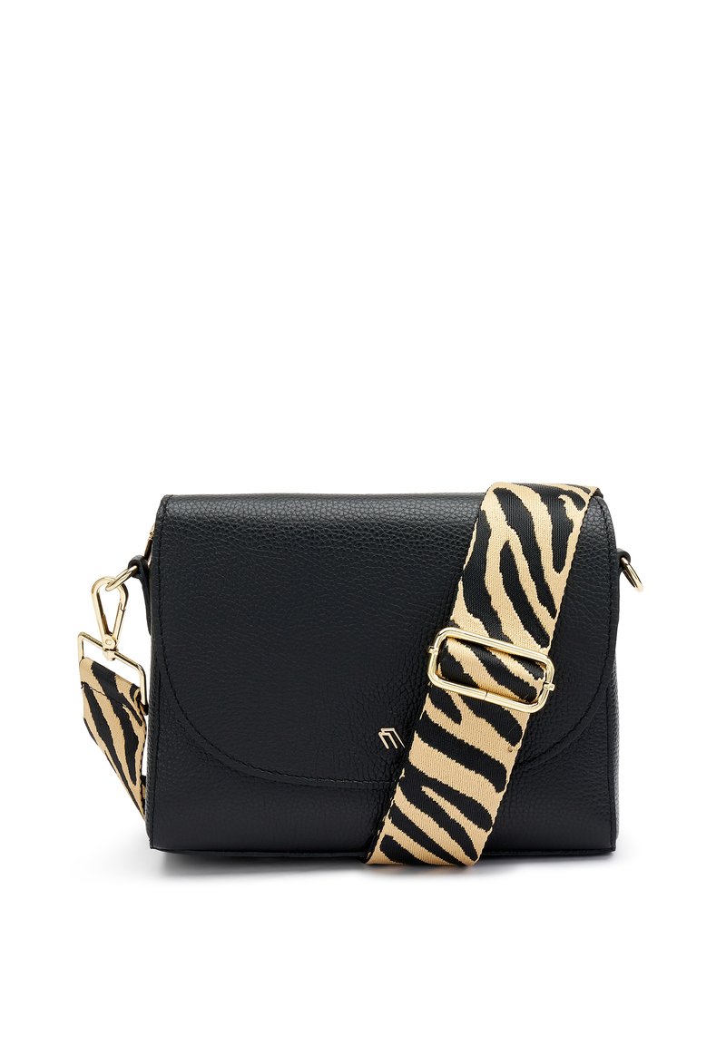 Borsa a tracolla in pelle nera con finitura testurizzata, dotata di una fibbia dorata e di una tracolla staccabile a motivo zebra.
