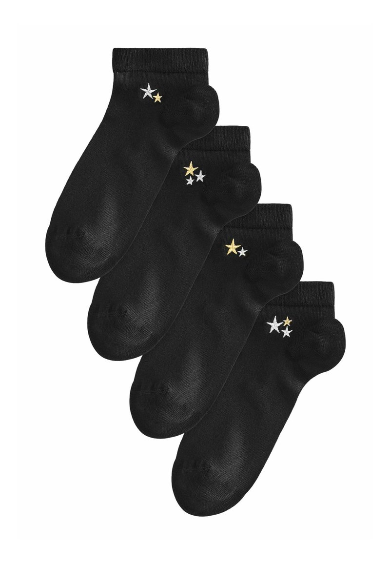 Schwarze Knöchelsocken mit kleinen silbernen und goldenen Sternmustern am Knöchel. Hergestellt aus einem glatten Stoff mit einem bequemen Bündchen.