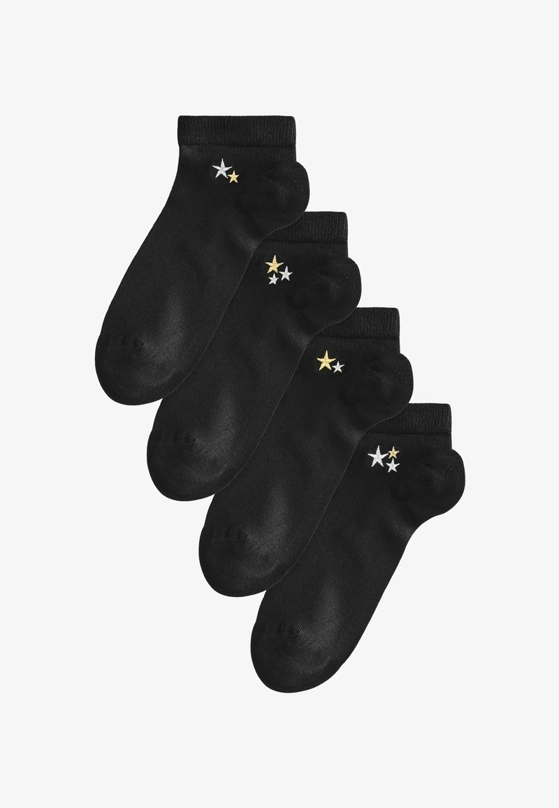 Black ankle socks featuring small silver and gold star designs on the ankle. Made from a smooth fabric with a comfortable cuff.