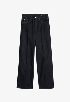 Dunkelblaue Jeans mit weitem Bein und hoher Taille, mit einem Knopfverschluss, Seitentaschen und kontrastierenden gelben Nähten.