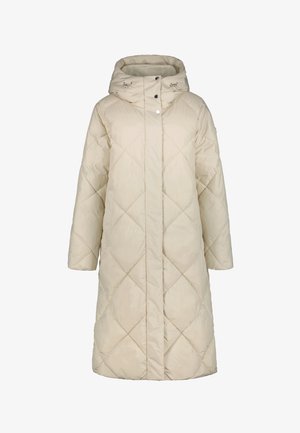 Licht beige gewatteerde lange jas met een capuchon, voorzien van drukknoopsluitingen en een rechte pasvorm. Gemaakt van glad, glanzend materiaal met een zachte textuur.